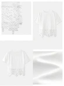 Maija 白色蕾丝拼接圆领宽松T恤，女士休闲度假装，春夏复活节派对、海滩婚礼、外出、毕业典礼、夏季假期休闲工作棉质上衣 - 白色 - 查看 8