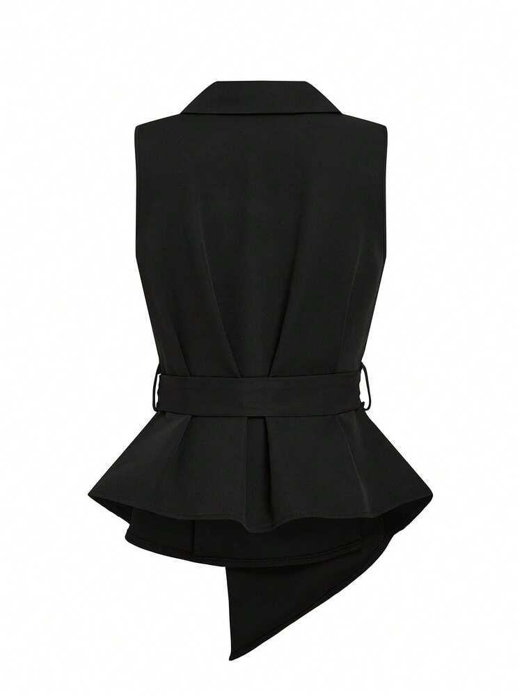 GlowEve 女士春夏新款时尚休闲无袖V领开襟不对称下摆优雅办公/日常西装外套 - 黑色 - 查看 2