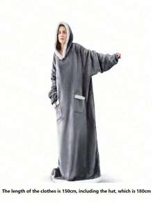 蓝灰色连帽毯，成人可穿戴毯，冬季家居服，加厚保暖内衬纯色浴袍，厚实柔软保暖防脱落，酒店/宾馆/家庭成人睡衣，家居浴室装饰沙滩装返校季，可作为男女礼物、生日礼物，超大号连帽衫 - 彩色 - 查看 9