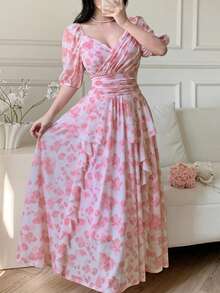 Feyla Nuevo vestido elegante y ajustado con volantes con estampado floral en el bajo, estilo romántico de vacaciones, color rosa - Multicolor - Ver 3