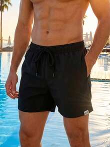 VIVINTIMO Men's Beachwear Swim Trunks Drawstring Waist Front Tie Pocket Geometric Printed Liner Resort Casual Hawaiian, Black Swim Trunks, Men's Beachwear, Men's Swimwear - Black - View 3