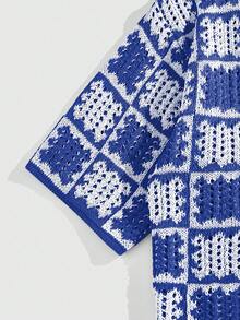 ROMWE MEN Casual Men's Loose Dropped Shoulder Hollow-Out Knit Shirt, Vacation Shirt - Blue - View 5