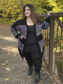 Enliva Plus Size Vacation Colorblock Dip Dye Striped Cardigan, For Winter Fall, For Apple & Rounded Body Shape - Multicolor - View 3