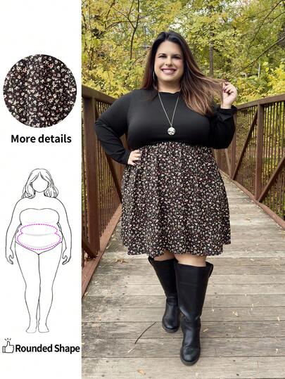 Enliva Plus Size Women's Beach Women Outfits Fall Women Dresses And Winter Women Clothes Thanksgiving Women Outfit New Style Fashionable And Elegant Internet Celebrity Street Shooting Commuter Knitted Splicing Floral Fabric Design Short Black A-Swing Umbrella Skirt Dress, Casual Dress, Long-Sleeved Dress Long Sleeve Dress Women Dress Mommy And Me Dresses, For Apple Rounded Body Shape
