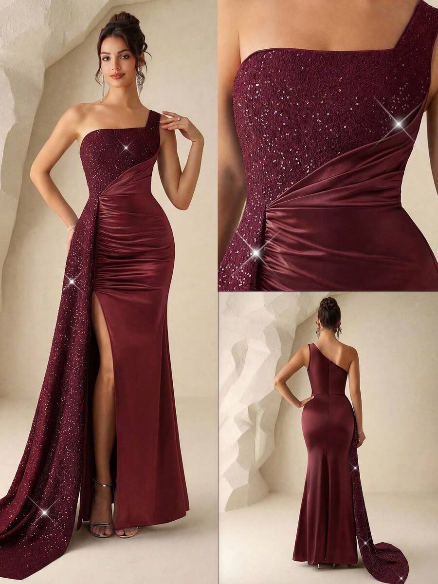 Coutiva Đầm maxi dạ hội đính sequin lệch vai xẻ cao dành cho nữ - Màu Đỏ Sâu - Xem 1