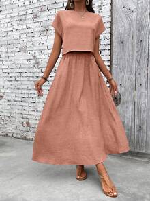 EMERY ROSE Women's Solid Color Boat Neck Batwing Sleeve Shirt And Mini Skirt 2 Pieces Set - Orange - View 4