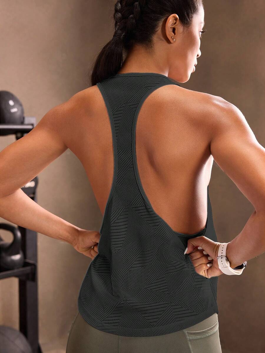 Powerista Women's Summer Gym&Casual Sportswear Breathable Fabric Grey Striped Loose Fit Workout Racer Back Tank Top - Dark Grey - View 1