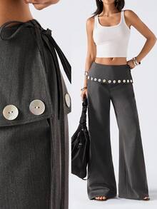 LYSMO 2026 New Arrive Minimalism Spring/Summer Women's Casual Flared Pants With Waist Fold Design And Buttons - Dark Grey - View 8