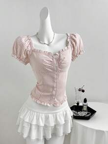 Sweetra Sweetro 女士法式花瓣袖修身可爱粉色条纹衬衫 - 粉色 - 查看 5