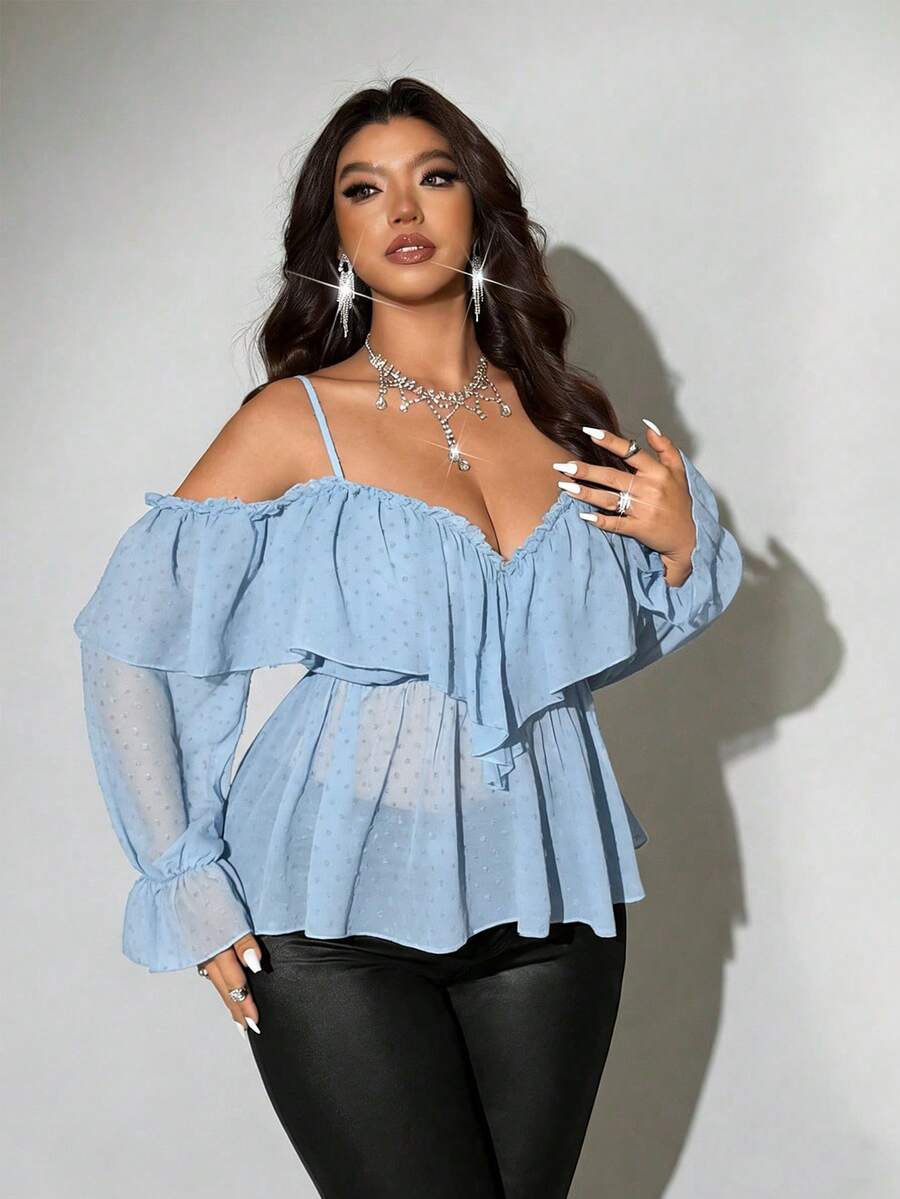 Viva Relle Blusa sexy de manga larga con tirantes finos, hombros descubiertos y volantes, para talla grande en verano - Celeste - Ver 1