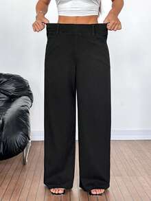 SHEIN PETITE Women's High Waist Pockets Wide Leg Loose Casual Jeans - Black - View 4