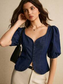 Áo sơ mi denim nữ kiểu dáng thường ngày, thích hợp cho mùa hè. - Rửa tối - Xem 4