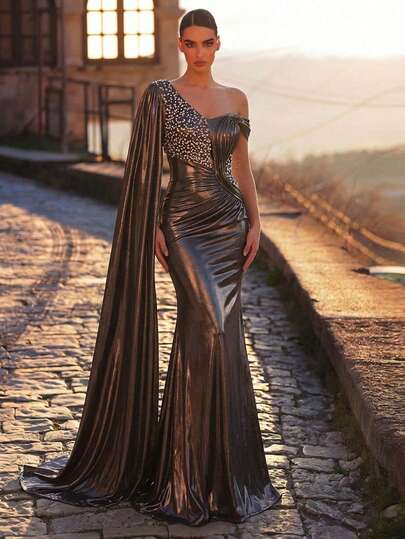 Glamrae Elegant Luxurious Beaded, Rhinestone, Elastic Ruched Sleeve Mermaid Hem Dress, Suitable For Weddings, Parties, Vacations, Galas, Formal Occasions (Heavy Embellishment)