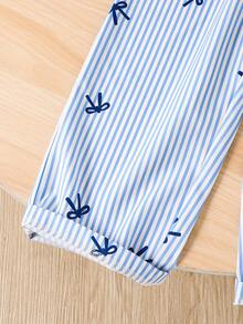 SHEIN Genkimix Kids 女童休闲百搭翻领纽扣前襟系带柔软褶皱牛仔质感连体裤，适合秋季、野餐、郊游、搭配服装、日常穿着 - 藍色 - 查看 4