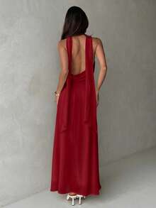 Aloruh Women's Yellow Draped Neck A-Line Flowy Tie Back Dress,Red Dress - Red - View 2