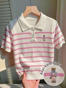 CovetEZ Áo len nữ kẻ sọc phong cách sinh viên độc đáo, màu hồng sọc Macaron, họa tiết gấu bông thêu, kiểu dáng thời trang, cổ polo tay ngắn dễ thương, phù hợp cho mùa xuân và mùa hè. - Nhiều màu - Xem 1