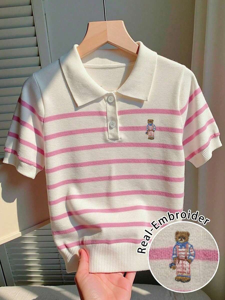 CovetEZ Áo len nữ kẻ sọc phong cách sinh viên độc đáo, màu hồng sọc Macaron, họa tiết gấu bông thêu, kiểu dáng thời trang, cổ polo tay ngắn dễ thương, phù hợp cho mùa xuân và mùa hè. - Nhiều màu - Xem 1
