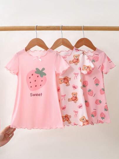 Dozemod Kids Baby Girl 3pcs Cute Cartoon Strawberry & Rabbit Pattern Ribbon Bow Decor Ruffle Trim Round Neck Short Sleeve Knit Nightgown Set