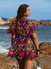 Swim Lushoire Bộ đồ bơi 2 mảnh cỡ lớn dành cho nữ, họa tiết retro, quần bơi cạp cao kiểu tam giác kín đáo với áo tankini viền bèo nhún, thích hợp mặc hàng ngày khi đi nghỉ mát. - Màu tím - Xem 2