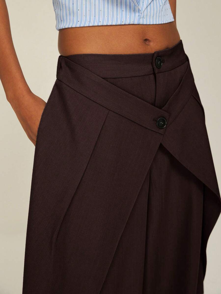 ATUI Studio Women's Solid Color Double-Waistband Wide Leg Loose Suit Pants - Brown - View 1