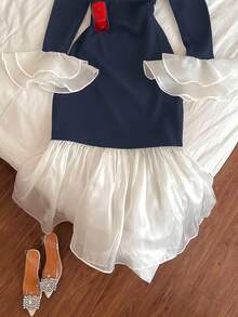 Airaco Đầm suông thanh lịch ôm sát cổ đứng tay loe phối màu cho nữ - Màu xanh hải quân - Xem 4