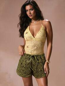 Glamine Women's Tie-Waist Jacquard Hollow-Out Shorts - Green - View 1