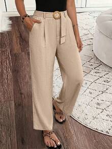 SHEIN Holidaya 女士休闲亚麻质感收腰直筒裤，春夏款 - 卡其色 - 查看 1