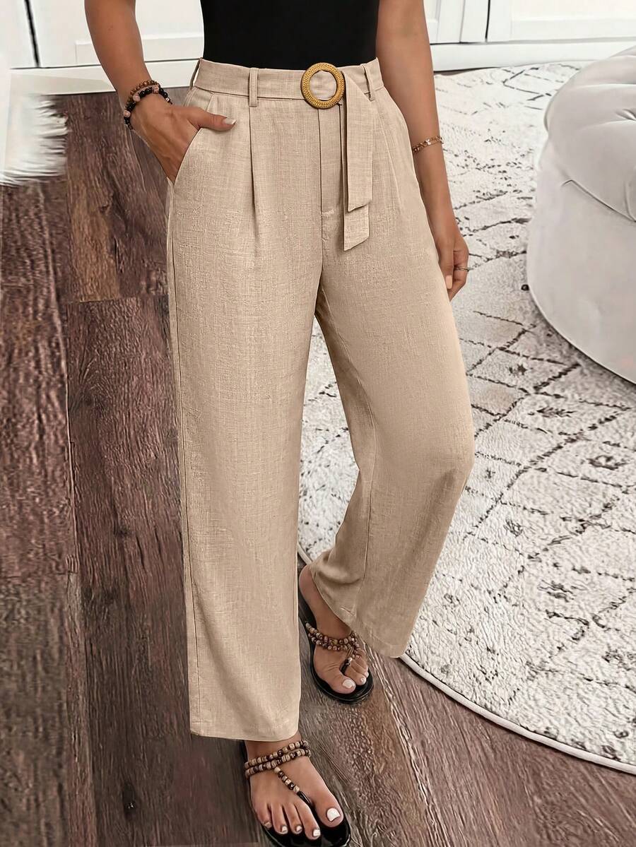 SHEIN Holidaya 女士休闲亚麻质感收腰直筒裤，春夏款 - 卡其色 - 查看 1