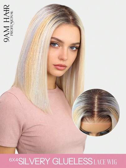 9AM Hair Wear Go Glueless Human Hair Wig Straight Silver Highlight Blonde 10-14 Bob Inch 180% Density Wig 6*4 Transparent Lace Closure Wig Pre-Cut Lace Pre-Plucked Hairline Unprocessed Human Hair High Quality Wig Daily Use Artistic Elegance Active Energy Casual Everyday Romantic Getaway Sport Vacation Bridesmaid Gifts Hair Stuff Gifts For Women Accessories Women Slaying Wig For Your Next Level Night Out Human Hair Lace Wig Natural Glueless Wig For Romantic Date For Women