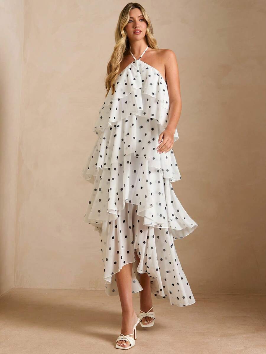 Enchnt Spring/Summer Romantic Women's White Polka Dot Print Ruffle Hem Maxi Dress,Sweet&Elegant For Vacation&Date&Holiday&Going Out,Spring Outfit Women - Black and White - View 1