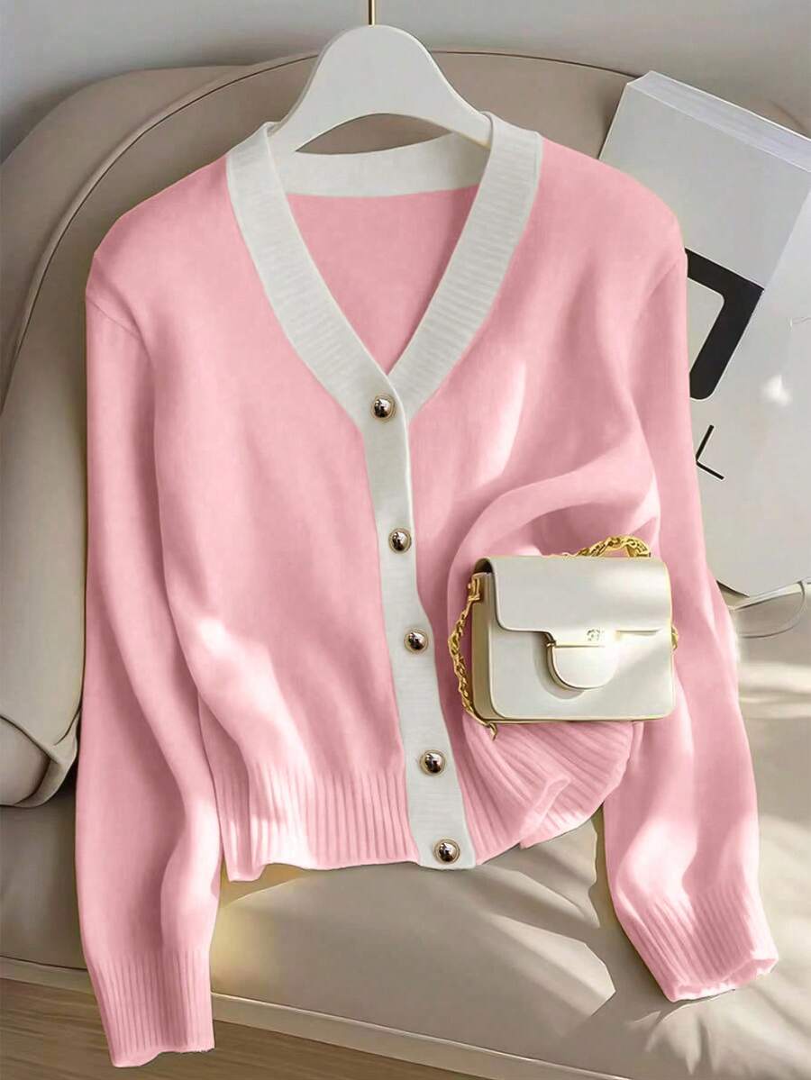 SHEIN Franclia 新款春秋季修身简约韩版撞色V领开衫,活力满满,抗衰老,百搭女款 - 淺粉色 - 查看 1