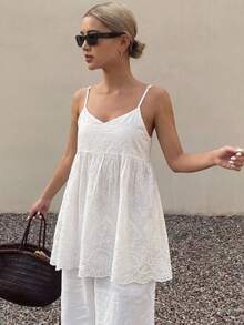 FRIFUL 1pc Eyelet Embroidered Camisole Top Babydoll Top - White - View 7