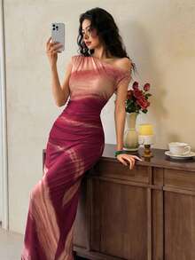 EastFlair Vestido elegante con cintura fruncida y efecto tie-dye para mujer, adecuado para fiestas y ocasiones - Rosa Roja - Ver 5
