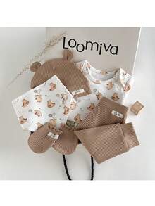 Loomiva Bộ quà tặng cho bé sơ sinh in hình gấu: áo liền quần dài tay, quần, yếm, mũ và găng tay. - Nhiều màu - Xem 1