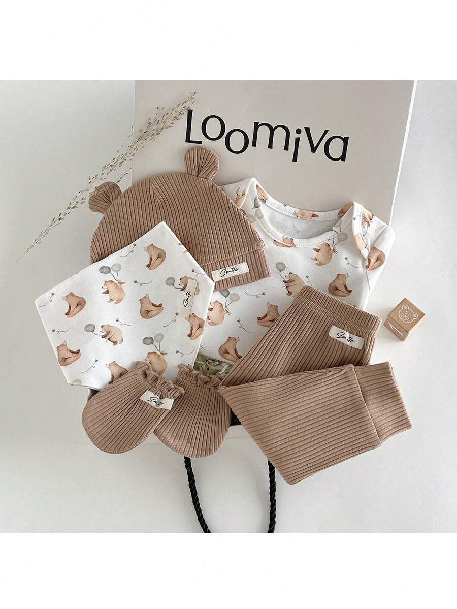 Loomiva Bộ quà tặng cho bé sơ sinh in hình gấu: áo liền quần dài tay, quần, yếm, mũ và găng tay. - Nhiều màu - Xem 1