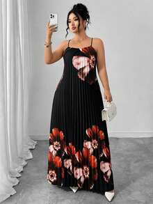 Elenzga Plus Size Woven Floral Digital Criss-Cross Strap Bow Tie Pleated Backless Elegant, Sexy, Vacation, Casual, Daily, Date Camisole Dress Summer Spring Wedding Guest Dress For Women Elegant Dresses For Party - Black - View 1