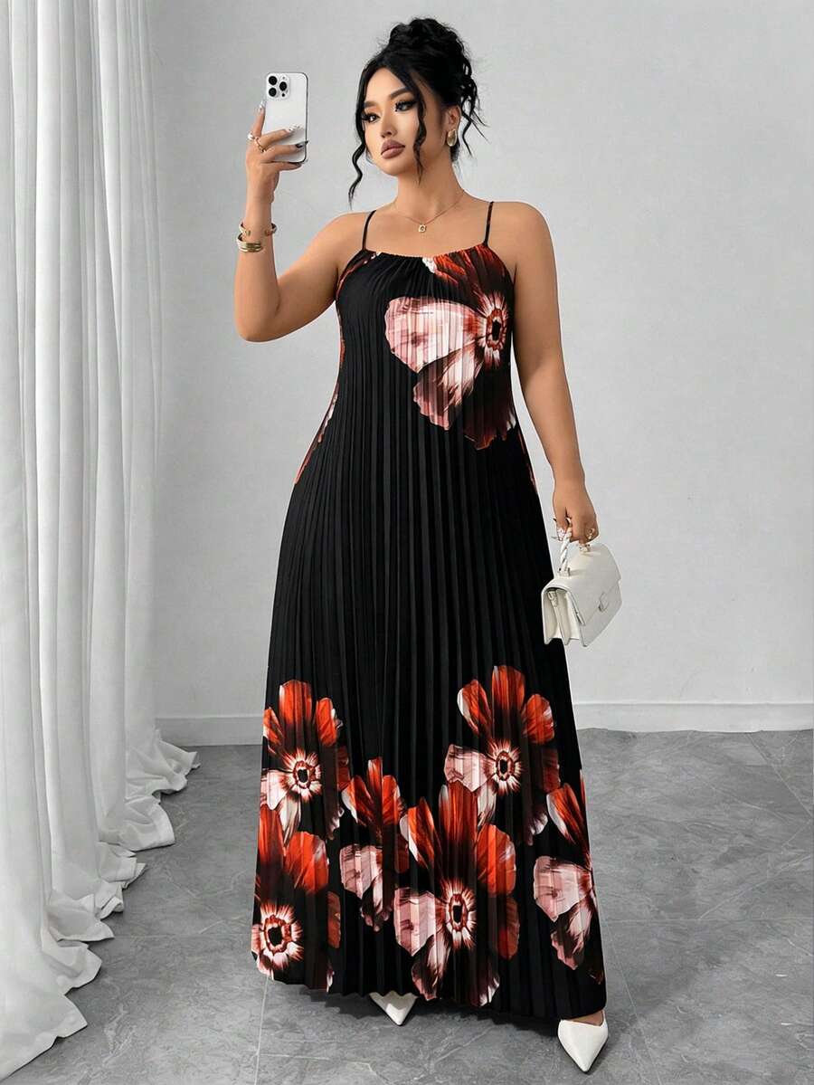 Elenzga Plus Size Woven Floral Digital Criss-Cross Strap Bow Tie Pleated Backless Elegant, Sexy, Vacation, Casual, Daily, Date Camisole Dress Summer Spring Wedding Guest Dress For Women Elegant Dresses For Party - Black - View 1