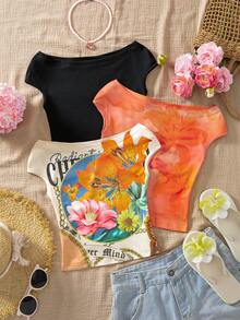 Sparklyn Bộ 3 áo thun ôm sát trễ vai nhiều màu sắc dành cho bé gái tuổi teen, thích hợp mặc đi nghỉ mát. - Nhiều màu - Xem 3