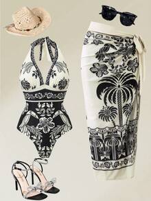 Swim Oasis 2026 Plus Size Spring/Summer High-End Elegant Black & White Shell Bohemian Style One-Piece Swimsuit With Skirt 2-Piece Beach Outfit, Suitable For Vacation, Date, Cruise, Beach, Music Festival, Bohemian Style Leisure Autumn Plus Size One-Piece Swimsuit - Multicolor - View 1
