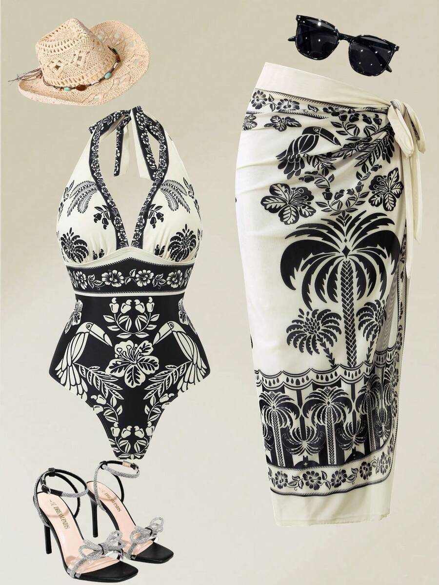 Swim Oasis 2026 Plus Size Spring/Summer High-End Elegant Black & White Shell Bohemian Style One-Piece Swimsuit With Skirt 2-Piece Beach Outfit, Suitable For Vacation, Date, Cruise, Beach, Music Festival, Bohemian Style Leisure Autumn Plus Size One-Piece Swimsuit - Multicolor - View 1