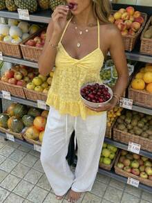 SHEIN Unity Women's Solid Color Halter-Neck Tank Top, Fashionable For Summer - Yellow - View 1