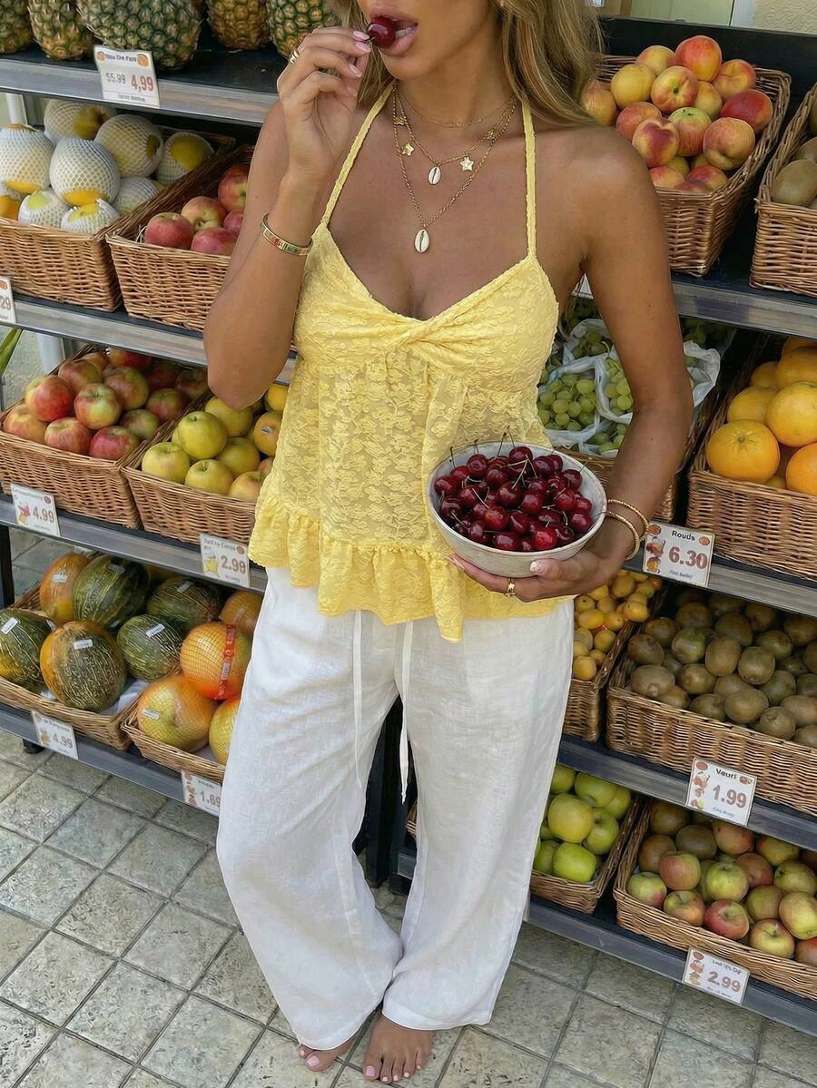 SHEIN Unity Women's Solid Color Halter-Neck Tank Top, Fashionable For Summer - Yellow - View 1