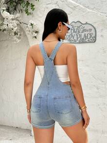 Rivivi Women's Casual Distressed Denim Bib Shorts With Pockets - Light Wash - View 2