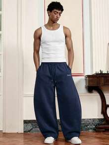 SWAVVY Men's Casual Loose Sweatpants With Embroidery, Navy Blue, Spring/Autumn/Summer - Navy Blue - View 3