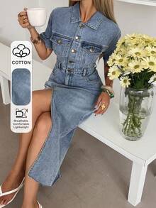 DAZY 女士休闲水洗牛仔连衣裙，带假口袋和开衩，夏季长款连衣裙 - 中等水洗藍 - 查看 1