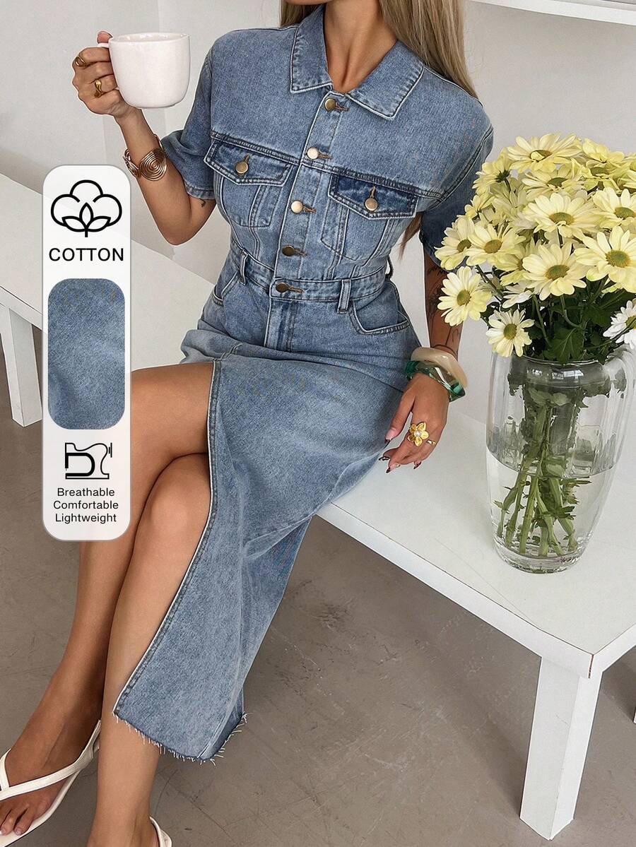DAZY 女士休闲水洗牛仔连衣裙，带假口袋和开衩，夏季长款连衣裙 - 中等水洗藍 - 查看 1