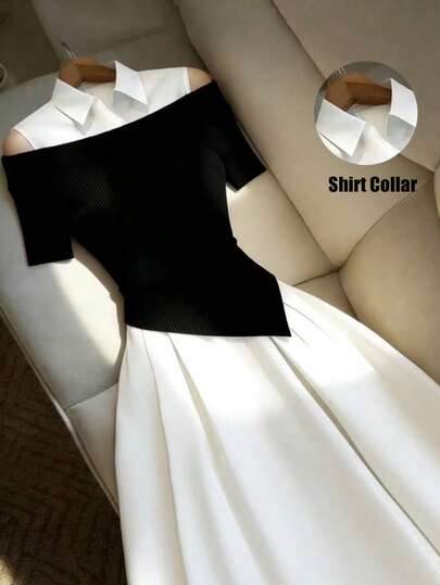 Franclia 女士白色露肩连衣裙，黑色拼接下摆，不对称二合一设计，优雅女士连衣裙，女士黑白连衣裙，女士白色连衣裙，白色女士衬衫裙，女士休闲连衣裙，黑白撞色连衣裙，针织罗纹连衣裙，女士露肩连衣裙，短袖连衣裙，正式连衣裙，翻领连衣裙，夏季度假装，外出装，女士户外连衣裙，夏季连衣裙，女士夏季装，度假连衣裙，度假装。