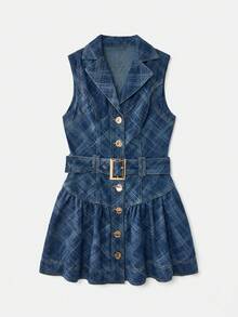 NYA SZN Đầm denim kẻ caro cài cúc dáng ngắn - Rửa tối - Xem 8