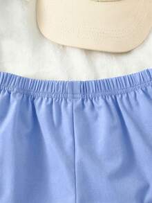 SHEIN Streecool Kids 2pcs/Set Toddler Boys' Letter 94 Print T-Shirt And Khaki Cargo Shorts, Vintage Casual Outfit Boy Summer Outfits - Baby Blue - View 3