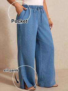 Elaquor 大码休闲水洗宽松抽绳腰牛仔裤 - 淺色水洗藍 - 查看 2